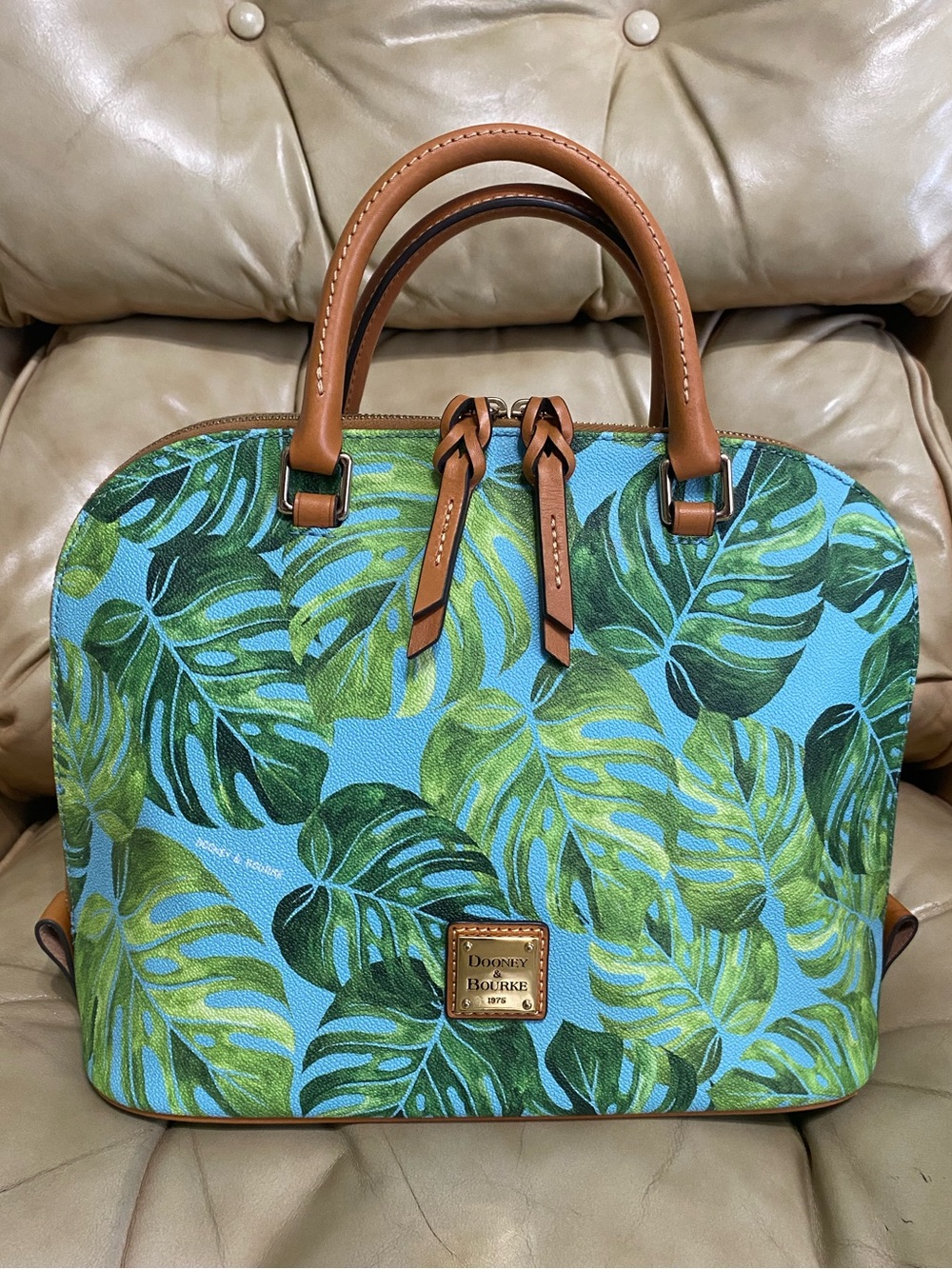 Dooney & Bourke Monstera Tropical Leaf Satchel Zip Zip Aqua Blue Green